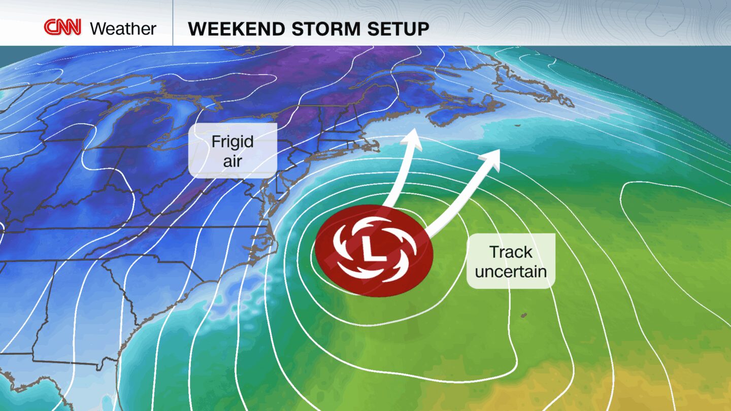 <i>CNN Weather via CNN Newsource</i><br/>This is a single computer model run showing how the storm could look in scenario one with snow (purples) and wind impacting mostly coastal areas.