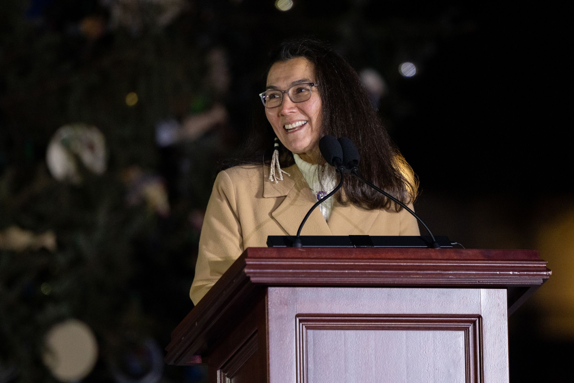 <i>Nathan Posner/Anadolu/Getty Images via CNN Newsource</i><br/>Congresswoman Mary Peltola (D-AK) speaks during a ceremony for the lighting of the Capitol Christmas tree in Washington