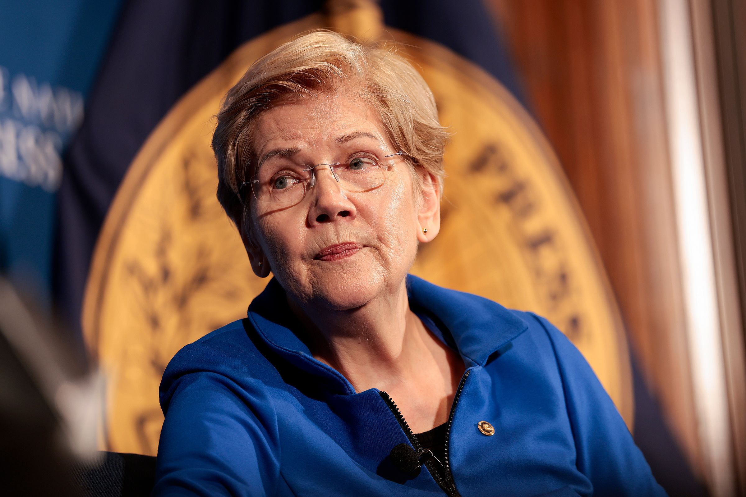 <i>Heather Diehl/Getty Images via CNN Newsource</i><br/>Senator Elizabeth Warren holds a discussion at the National Press Building on January 12
