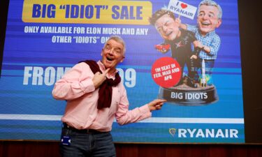 Ryanair CEO Michael O'Leary is pictured in front of a screen ahead of a press conference in Dublin on Wednesday