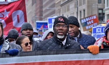 Chicago Mayor Brandon Johnson attends a protest against Immigration and Customs Enforcement and Customs and Border Protection in Chicago on January 25.