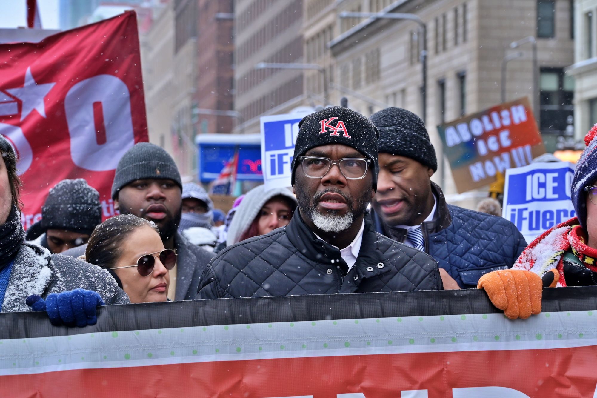 <i>Jacek Boczarski/Anadolu/Getty Images via CNN Newsource</i><br/>Chicago Mayor Brandon Johnson attends a protest against Immigration and Customs Enforcement and Customs and Border Protection in Chicago on January 25.