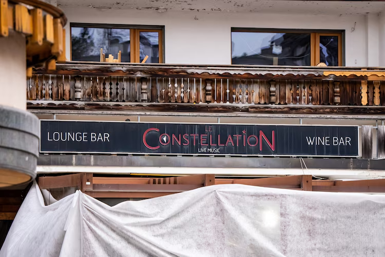 This photograph shows the entrance of the bar Le Constellation where a fire ripped through the venue during New Year's celebrations, killing around 40 people and injuring more than 100 others, in the Alpine ski-resort town of Crans-Montana, Switzerland, on Jan. 2, 2026.