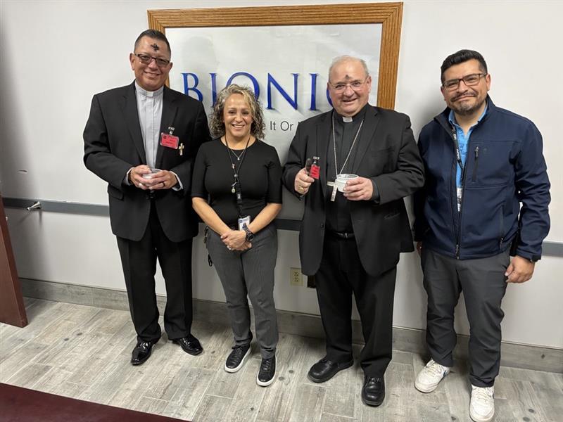 Warden Castro stands with Bishop Peter Baldacchino, Deacon Bobby Garcia, and Ruiz during their pastoral visit.