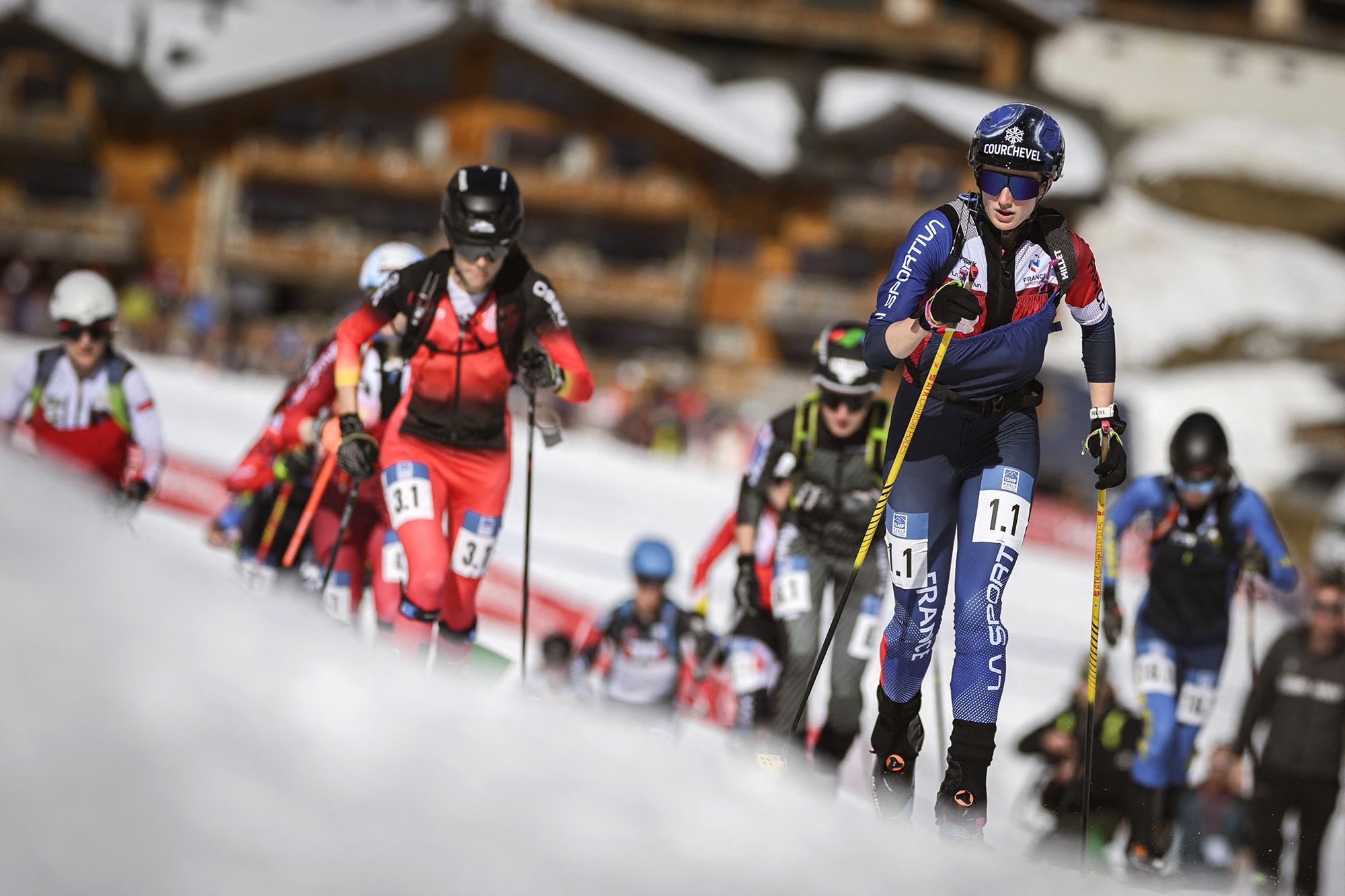 <i>Francesco Scaccianoce/Getty Images via CNN Newsource</i><br/>Athletes ski uphill after the start of a World Cup Team Relay event at Stelvio Alpine Skiing Centre in Bormio