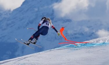 United States' Lindsey Vonn crashes into a gate during an alpine ski women's downhill race at the 2026 Winter Olympics.