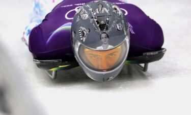 Vladyslav Heraskevych of Ukraine during training with helmet in tribute to athletes who have died amid Russia's attack on Ukraine.