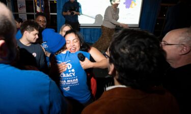 Analilia Mejia celebrates with supporters at her primary night party at Porta in Montclair
