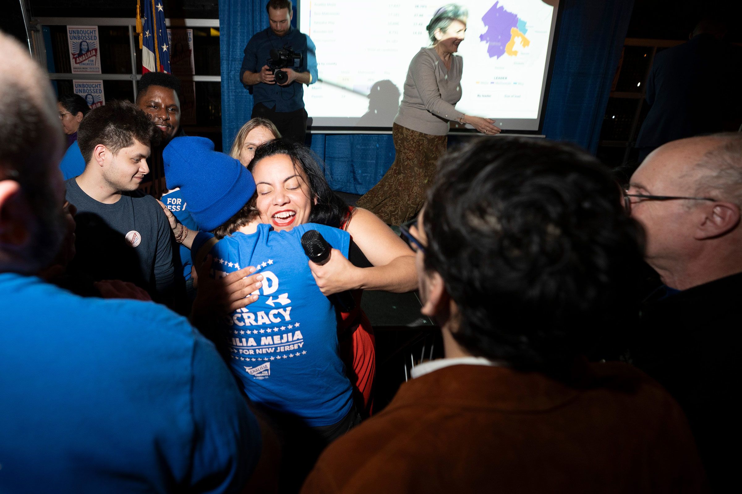 <i>Michael Karas/NorthJersey.com/USA Today Network/Imagn via CNN Newsource</i><br/>Analilia Mejia celebrates with supporters at her primary night party at Porta in Montclair
