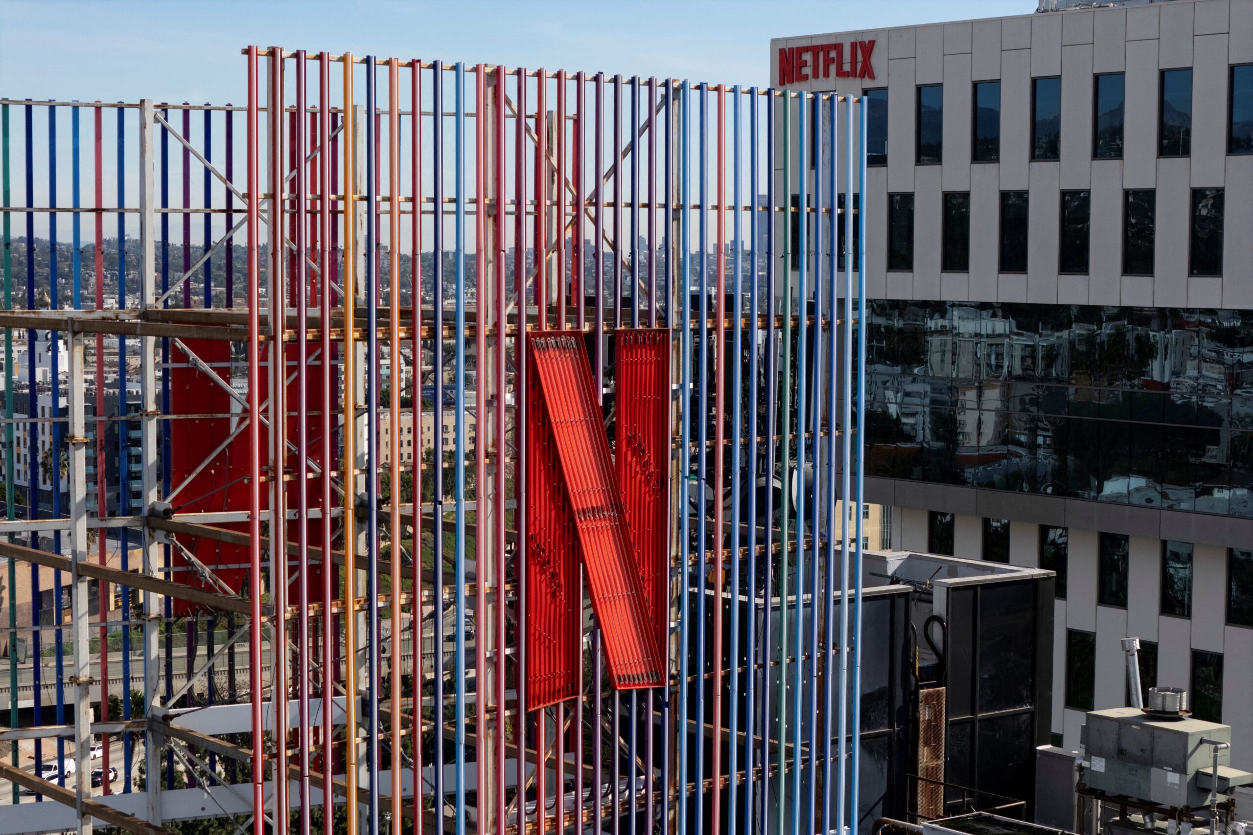 <i>Daniel Cole/Reuters via CNN Newsource</i><br/>A drone view shows Netflix logos on buildings in the Hollywood neighborhood in Los Angeles