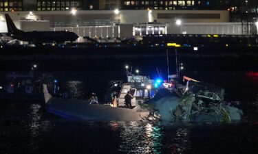Emergency response units assess airplane wreckage in the Potomac River near Ronald Reagan Washington Airport on January 30
