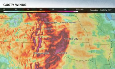 The strongest winds are expected Tuesday afternoon in the darkest red shadings over the High Plains.