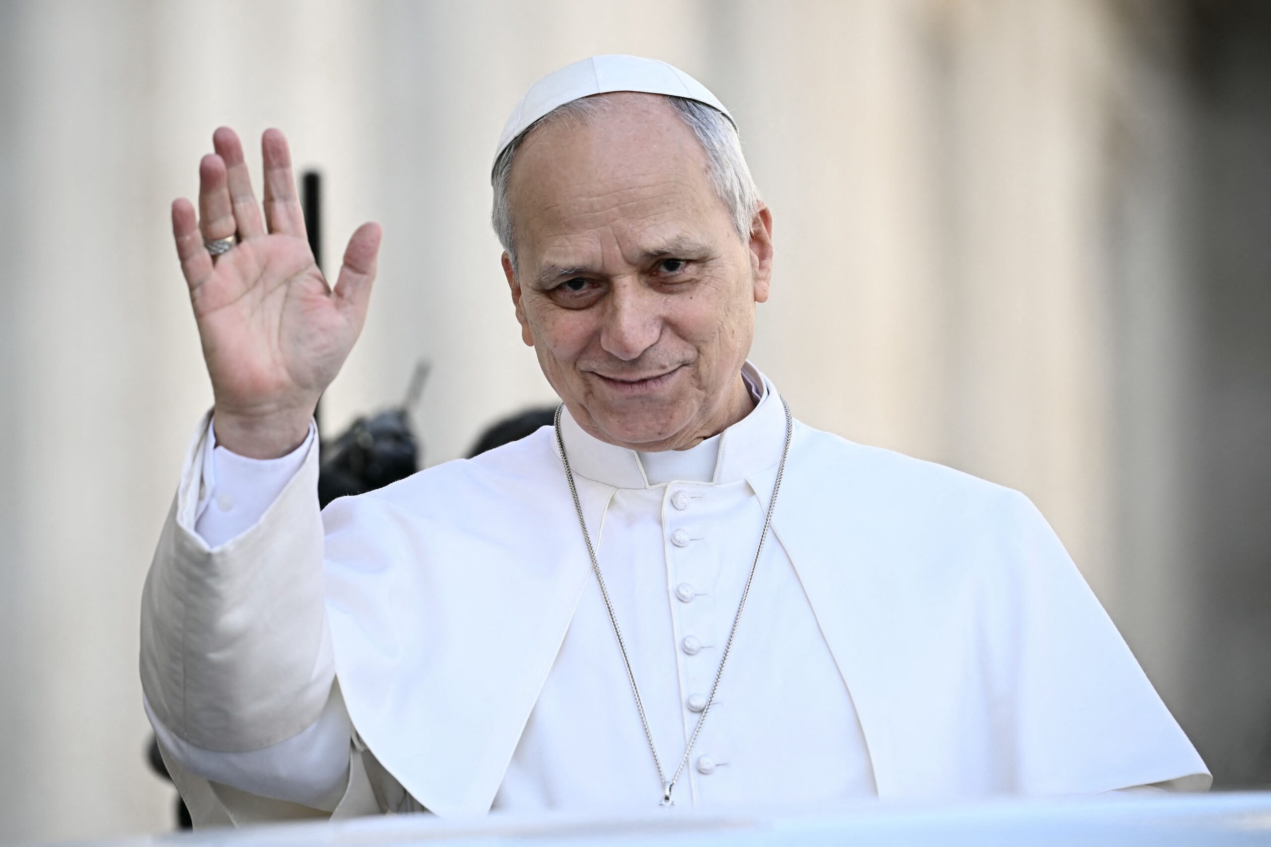 <i>Filippo Monteforte/AFP/Getty Images via CNN Newsource</i><br/>Pope Leo XIV waves to the crowd during the weekly general audience at St Peter's Square in The Vatican on February 18