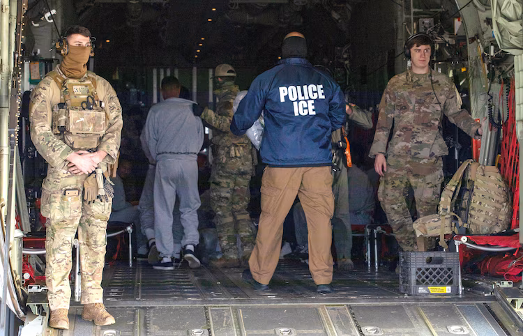 Under the direction of U.S. Northern Command, U.S. Transportation Command is supporting Immigration and Customs Enforcement deportation flights by providing military airlift, Fort Bliss, Texas, Feb. 10, 2025.