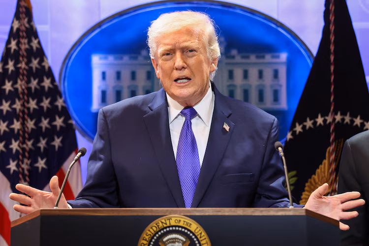 President Donald Trump speaks during a press conference in the Brady Press Briefing Room of the White House in Washington, February 20, 2026.