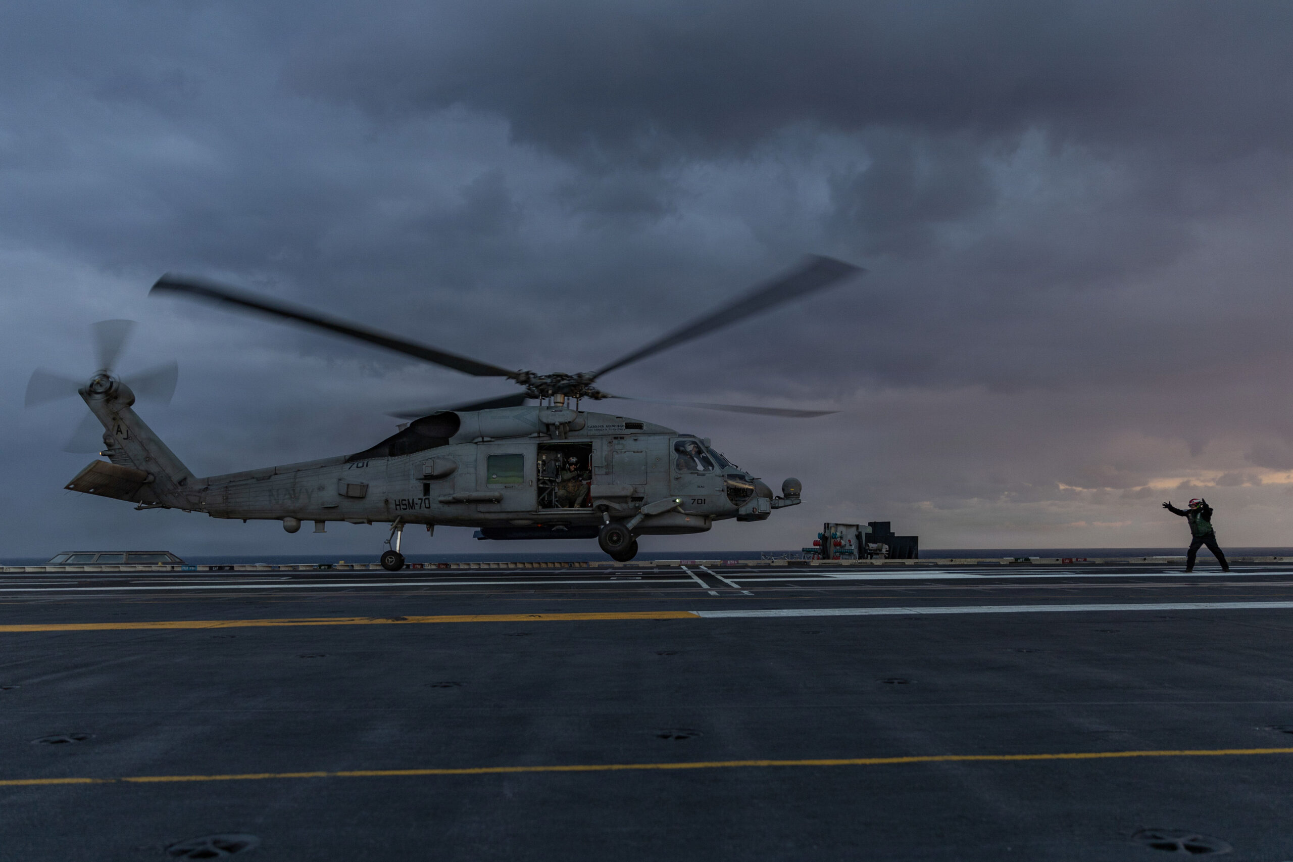 An MH-60R Sea Hawk helicopter, attached to Helicopter Maritime Strike Squadron 70, takes off from the flight deck of the world’s largest aircraft carrier, USS Gerald R. Ford (CVN 78), while supporting Operation Epic Fury, Feb. 28, 2026. (U.S. Navy photo)