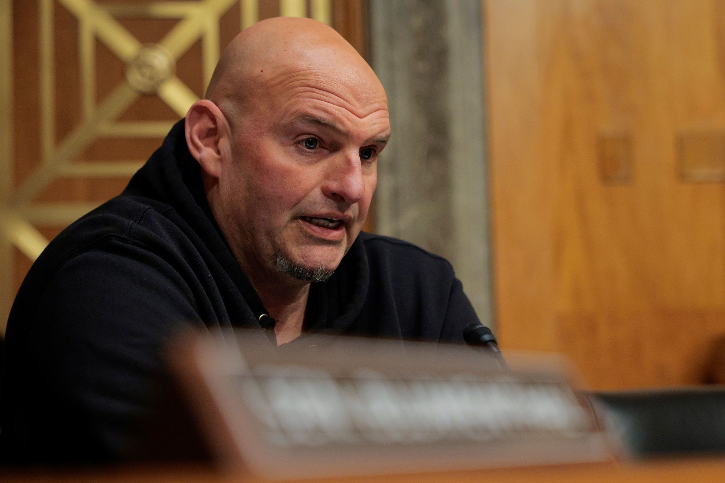 <i>Chip Somodevilla/Getty Images via CNN Newsource</i><br/>Sen. John Fetterman speaks during Wednesday's confirmation hearing.