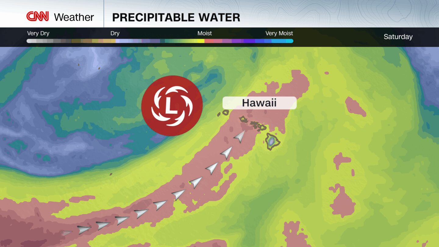 <i>CNN Weather via CNN Newsource</i><br/>The yellow and orange shadings show the plume of moisture that will fuel heavy rain in Hawaii through this weekend.