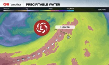 The yellow and orange shadings show the plume of moisture that will fuel heavy rain in Hawaii through this weekend.