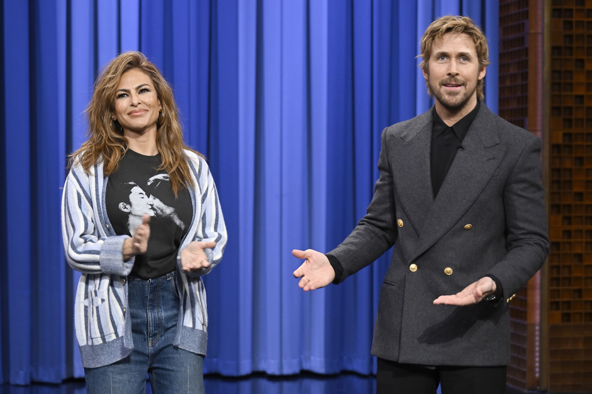 <i>Todd Owyoung/NBC/Getty Images via CNN Newsource</i><br/>Ryan Gosling (right) brought Eva Mendes (left) onstage during a recording of "The Tonight Show Starring Jimmy Fallon" on Thursday