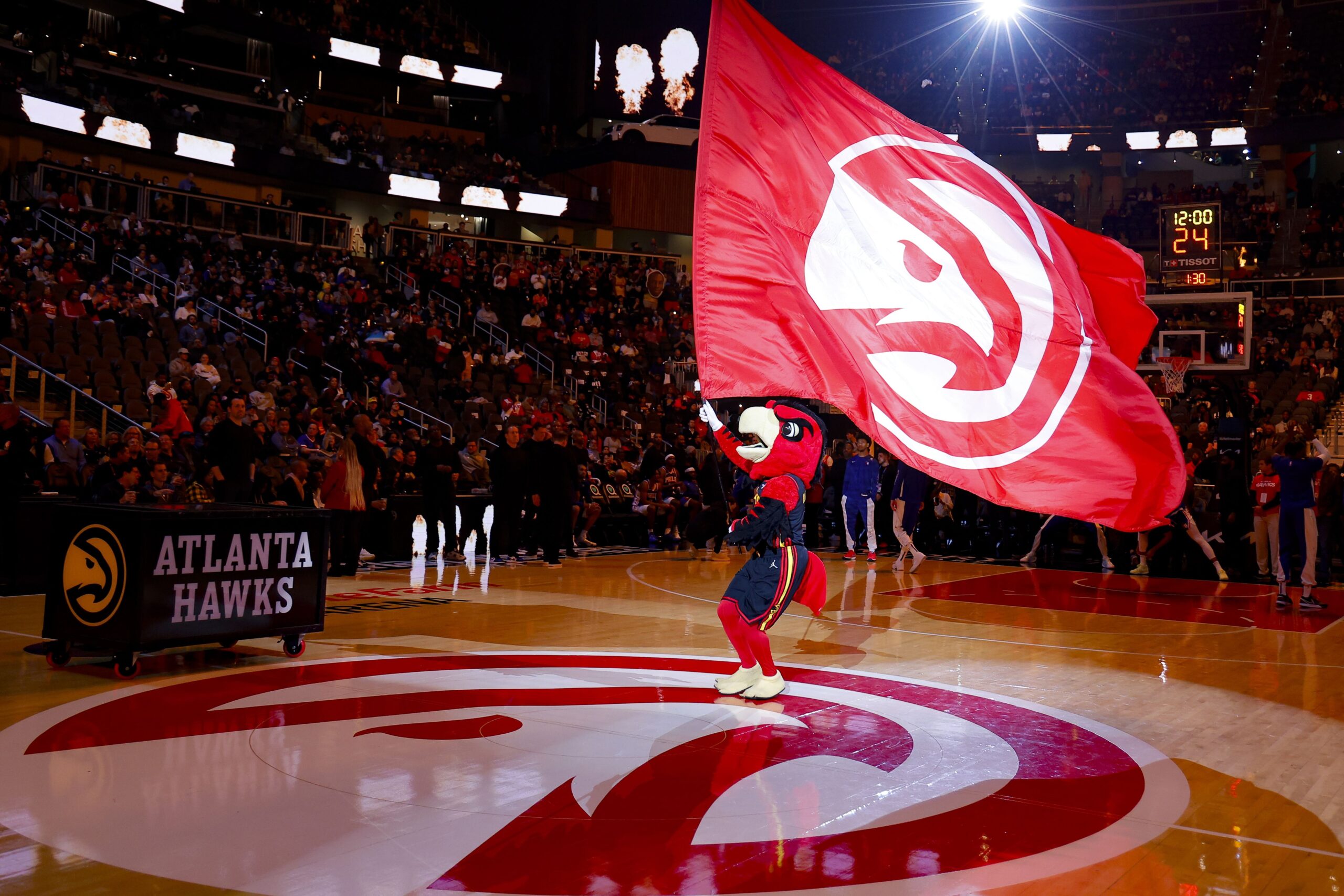 <i>Todd Kirkland/Getty Images via CNN Newsource</i><br/>The Atlanta Hawks mascot gets the crowd hyped before a home game at State Farm Arena in 2024.