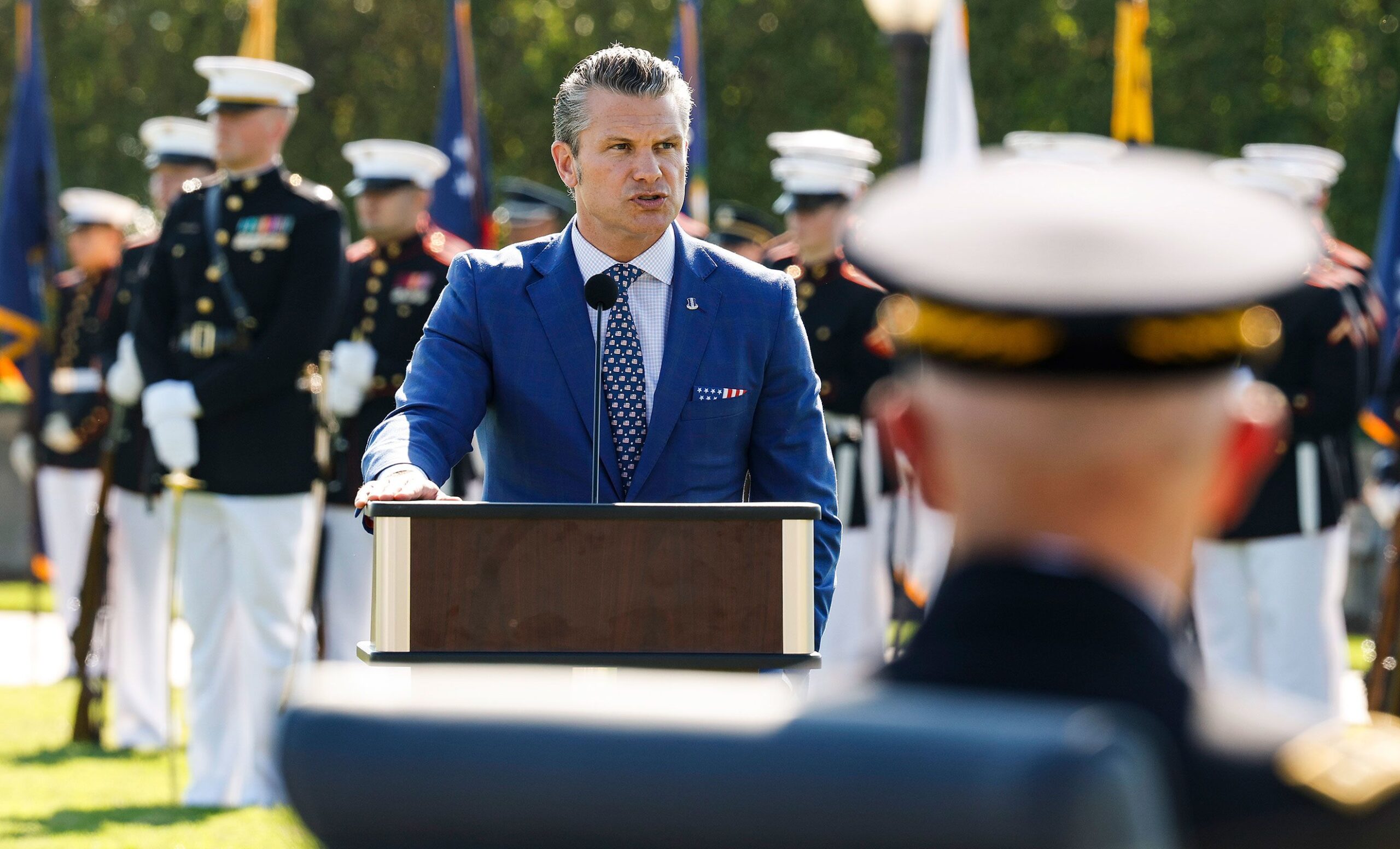 <i>Kevin Dietsch/Getty Images/File via CNN Newsource</i><br/>Secretary of Defense Pete Hegseth speaks during an event at the Pentagon