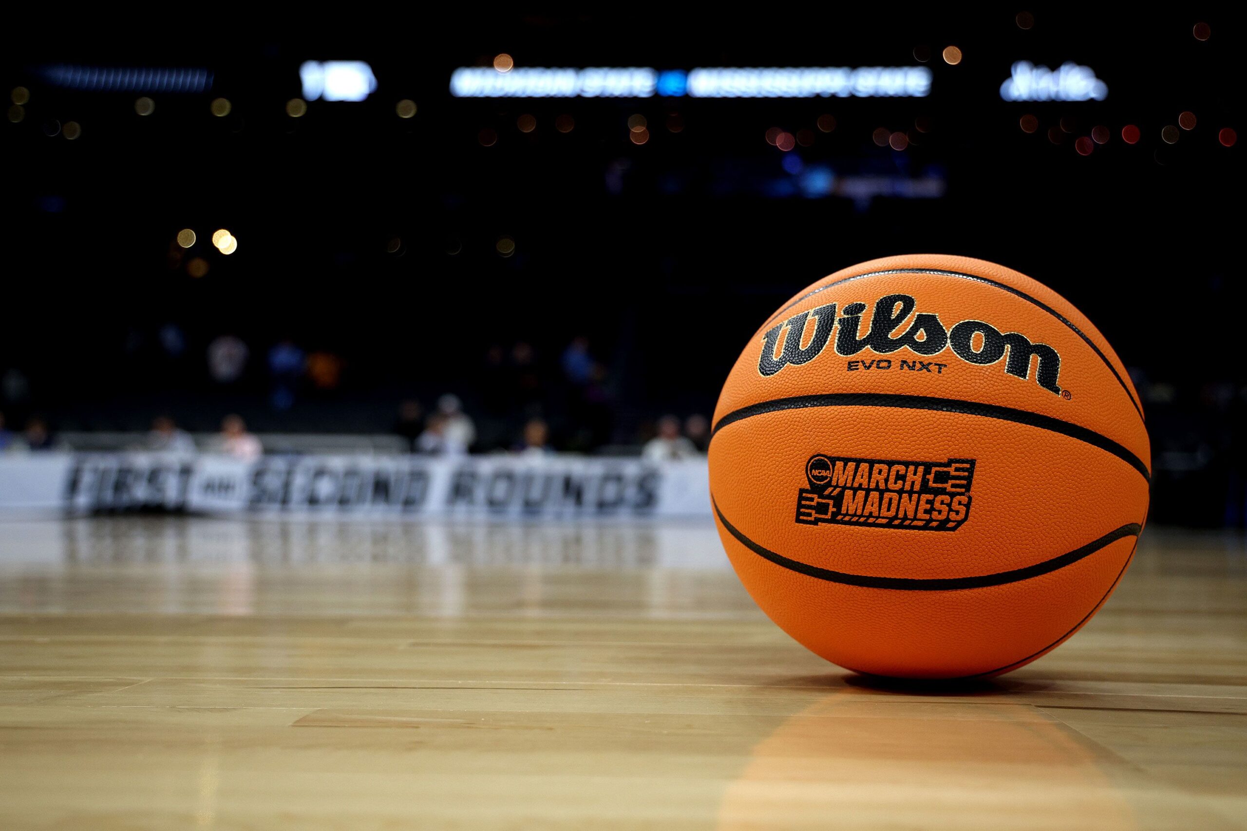 <i>Jared C. Tilton/Getty Images via CNN Newsource</i><br/>A ball is shown on the court ahead of the 2024 NCAA Tournament. The brackets for the 2026 tournament were revealed on Sunday.