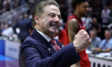 Head coach Rick Pitino of the St. John's Red Storm celebrates a 67-65 victory against the Kansas Jayhawks after the game in the second round of the 2026 NCAA Men's Basketball Tournament.