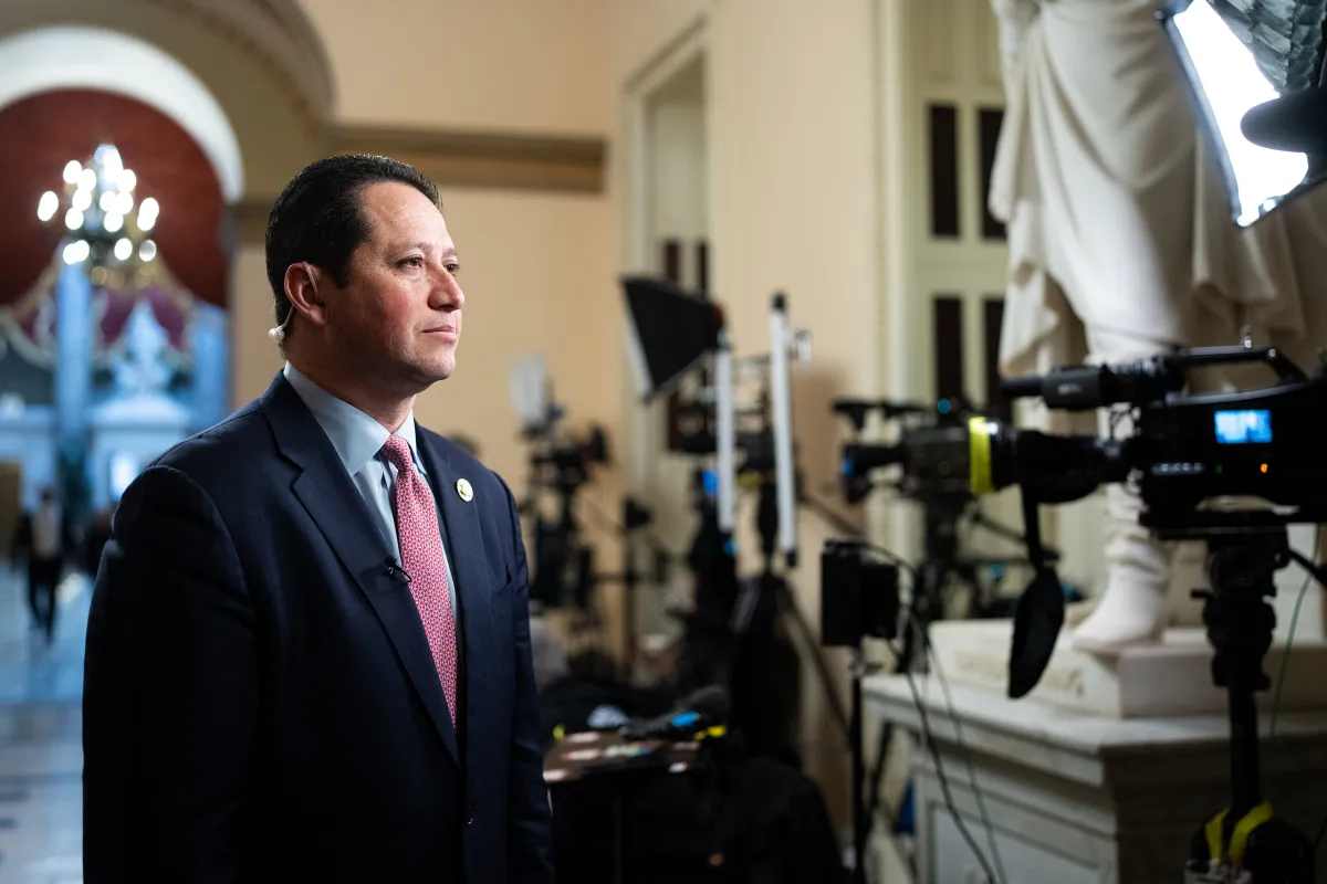 U.S. Rep. Tony Gonzales, R-San Antonio, does a TV news interview in the U.S. Capitol in Washington on Feb. 3, 2026.