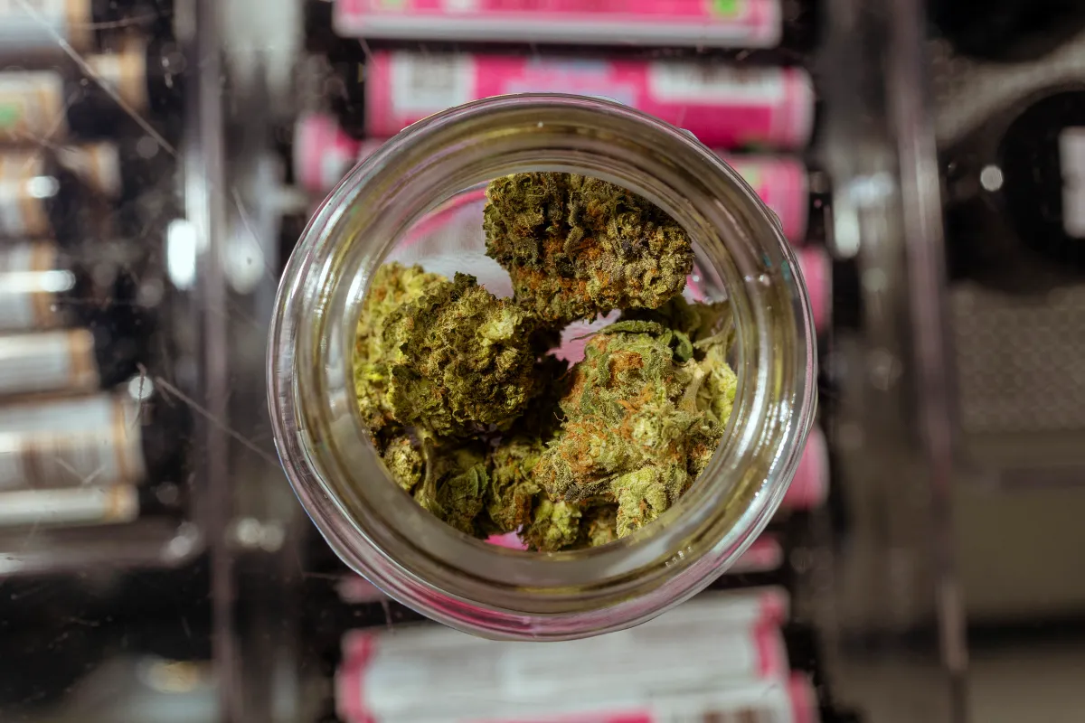 Happy Clouds smoke shop on Guadalupe Street in Austin displays hemp flower bud on March 30, 2026, the day before the state banned its sale.