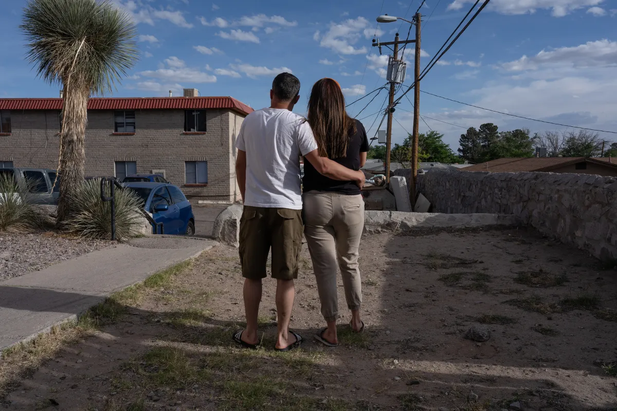 José, 40, and his wife Carolina, 31, from Venezuela, in Las Cruces, New Mexico on April 12, 2026. José and his family are choosing to self deport back to Venezuela after being detained by ICE and held at a family detention center in Dilley for a month.