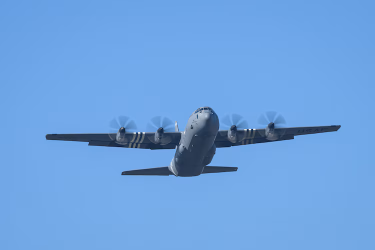 This file photo shows a U.S. Air Force Lockheed C-130 Hercules military transport aircraft taking off from RAF Fairford on March 19, 2026 in Fairford, U.K.
