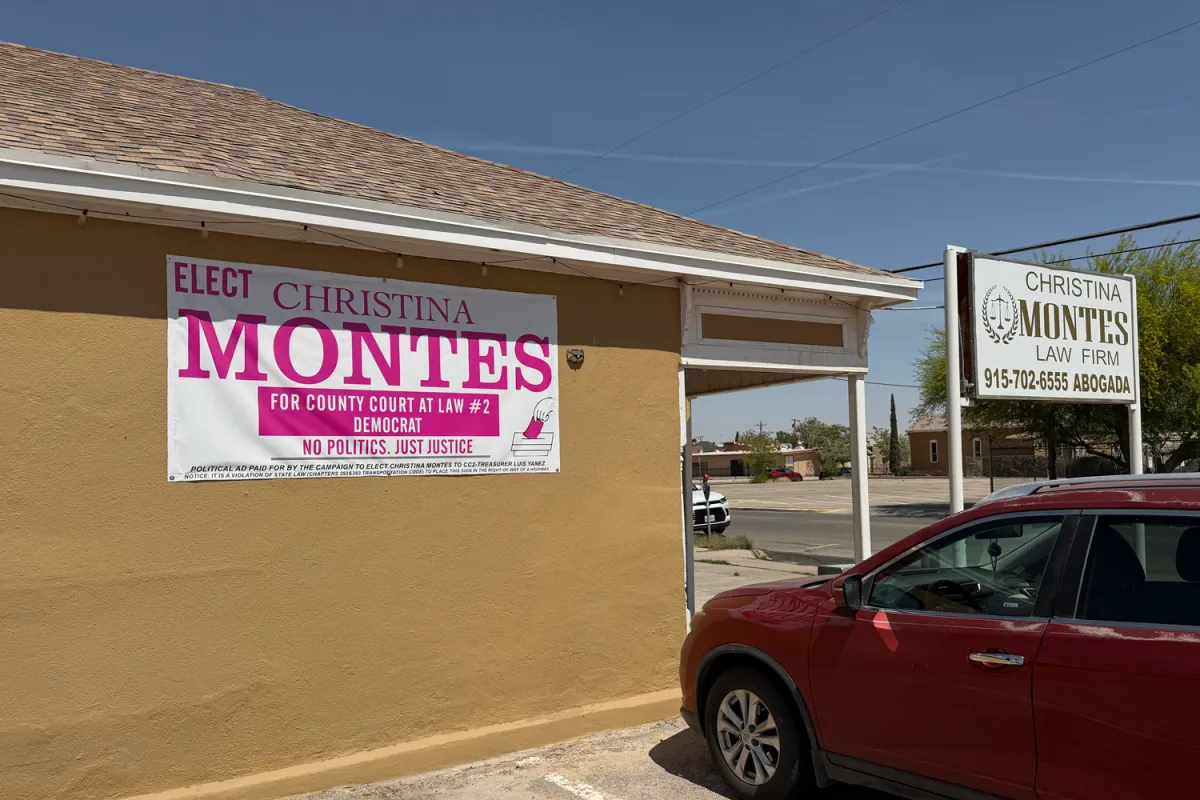 Christina Montes, a candidate for judge of County Court at Law No. 2, has a campaign sign at her law office at 115 St. Vrain St. in Downtown El Paso.