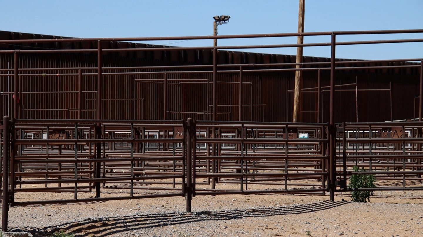 The Santa Teresa Livestock Auction sits empty near the U.S. Mexico border wall. (April 2026)