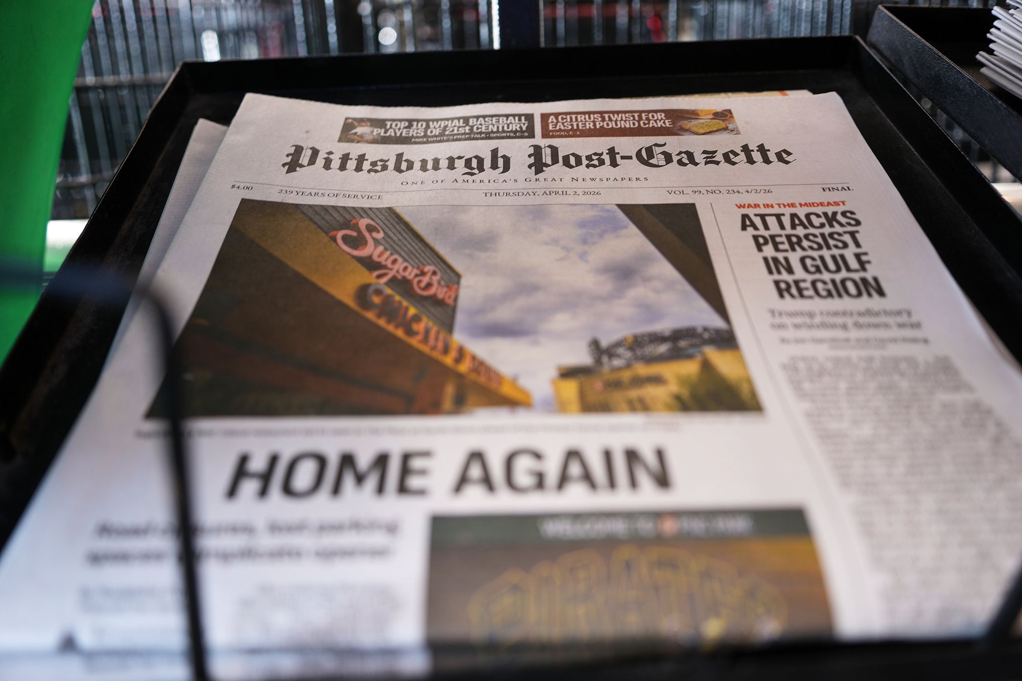 <i>Gene J. Puskar/AP via CNN Newsource</i><br/>The printed edition of the Pittsburgh Post-Gazette sits in a newspaper rack