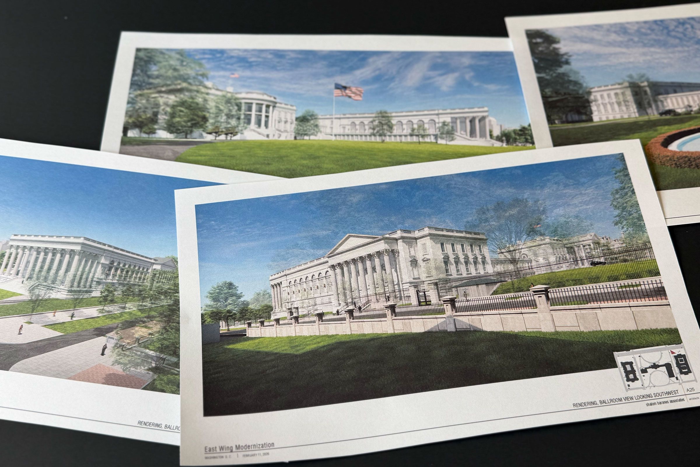 Artist renderings of the planned White House Ballroom are photographed on March 31.