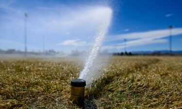 Sprinklers water athletics fields at Sandstone Ranch Community Park in Longmont on March 17.