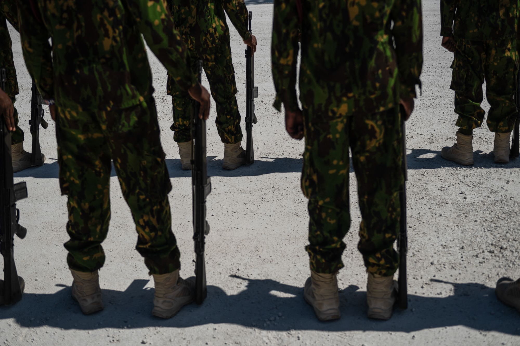 Kenyan members of the Multinational Security Support (MSS) mission in Haiti stand in formation in Port-au-Prince in 2024.