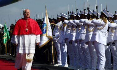 Pope Leo XIV speaks to journalists aboard a flight from Yaoundé