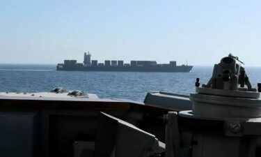 A view of Iranian-flagged cargo ship M/V Touska as the US Navy Arleigh Burke-class guided-missile destroyer USS Spruance conducts its interception in a location given as the north Arabian Sea