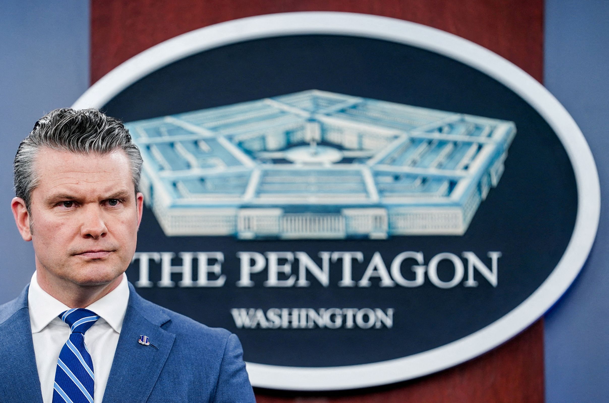 Secretary of Defense Pete Hegseth looks on during a briefing at the Pentagon, on April 16.