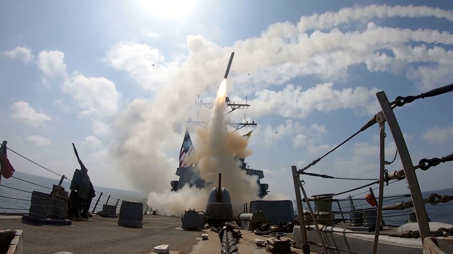 <i>US Central Command/AP via CNN Newsource</i><br/>This image from video provided by US Central Command shows a missile being launched from a US Navy ship in support of Operation Epic Fury on February 28.