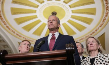 Senate Majority Leader John Thune speaks following a weekly Republican policy luncheon at the US Capitol on April 14.