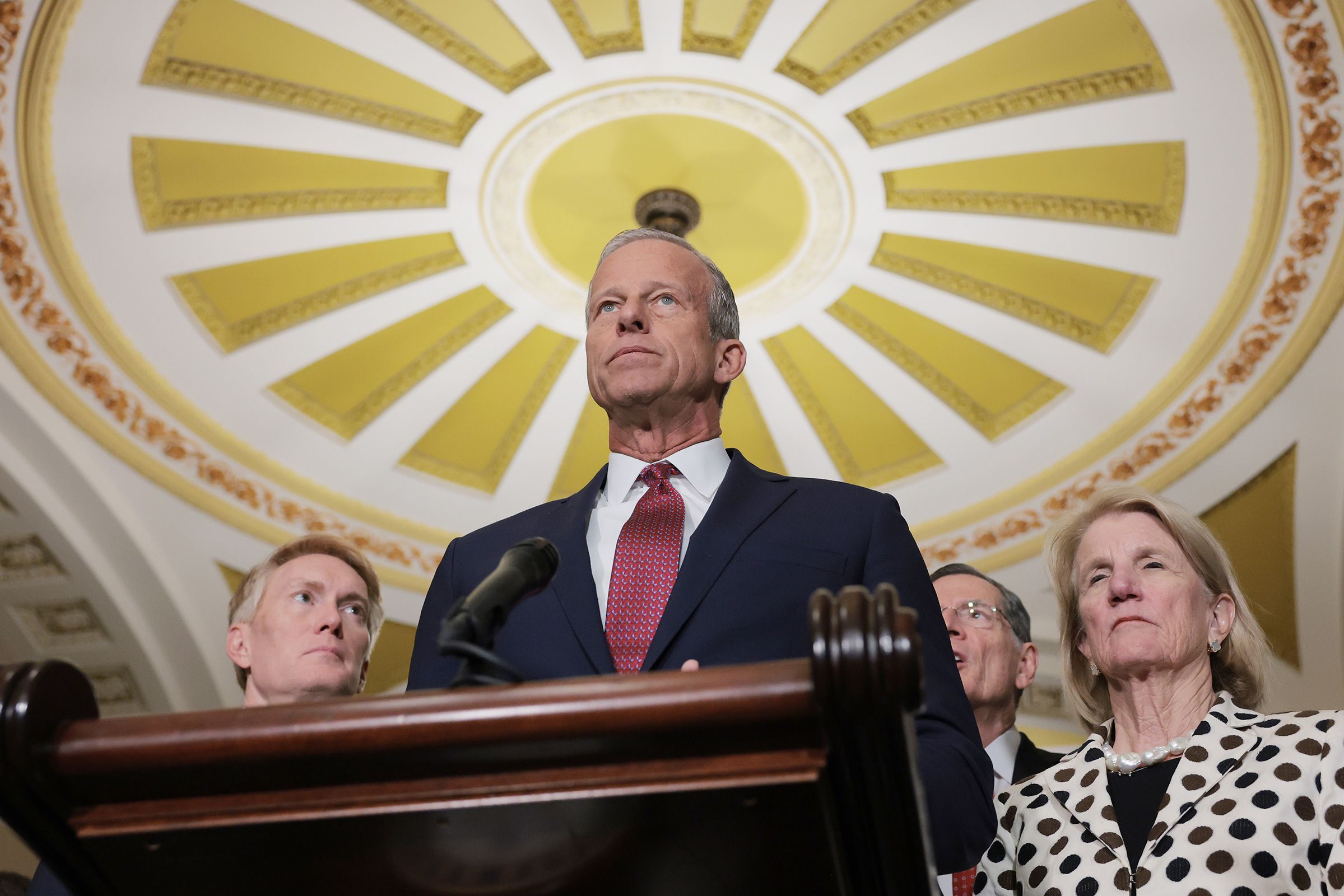 <i>Anna Moneymaker/Getty Images/File via CNN Newsource</i><br/>Senate Majority Leader John Thune speaks following a weekly Republican policy luncheon at the US Capitol on April 14.