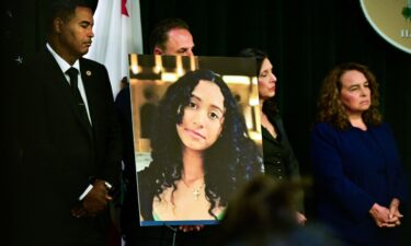 A portrait of the late Celeste Rivas Hernandez is shown during a press briefing by Los Angeles County District Attorney Nathan Hochman (out of frame) in Los Angeles on Monday.