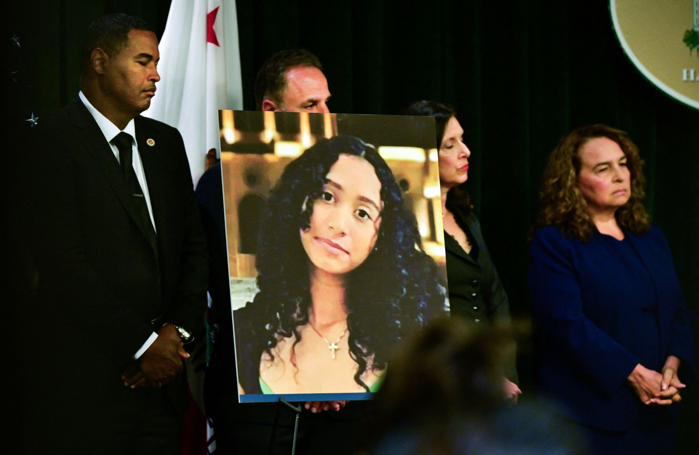 <i>Frederic J. Brown/AFP/Getty Images via CNN Newsource</i><br/>A portrait of the late Celeste Rivas Hernandez is shown during a press briefing by Los Angeles County District Attorney Nathan Hochman (out of frame) in Los Angeles on Monday.