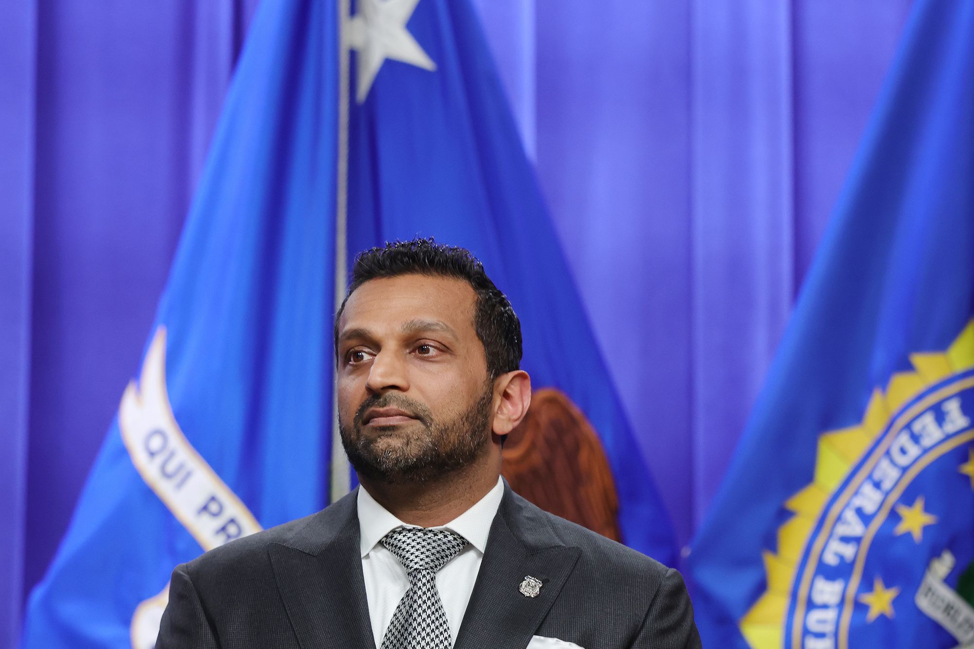 <i>Anna Moneymaker/Getty Images via CNN Newsource</i><br/>Federal Bureau of Investigation Director Kash Patel listens at a news conference in Washington