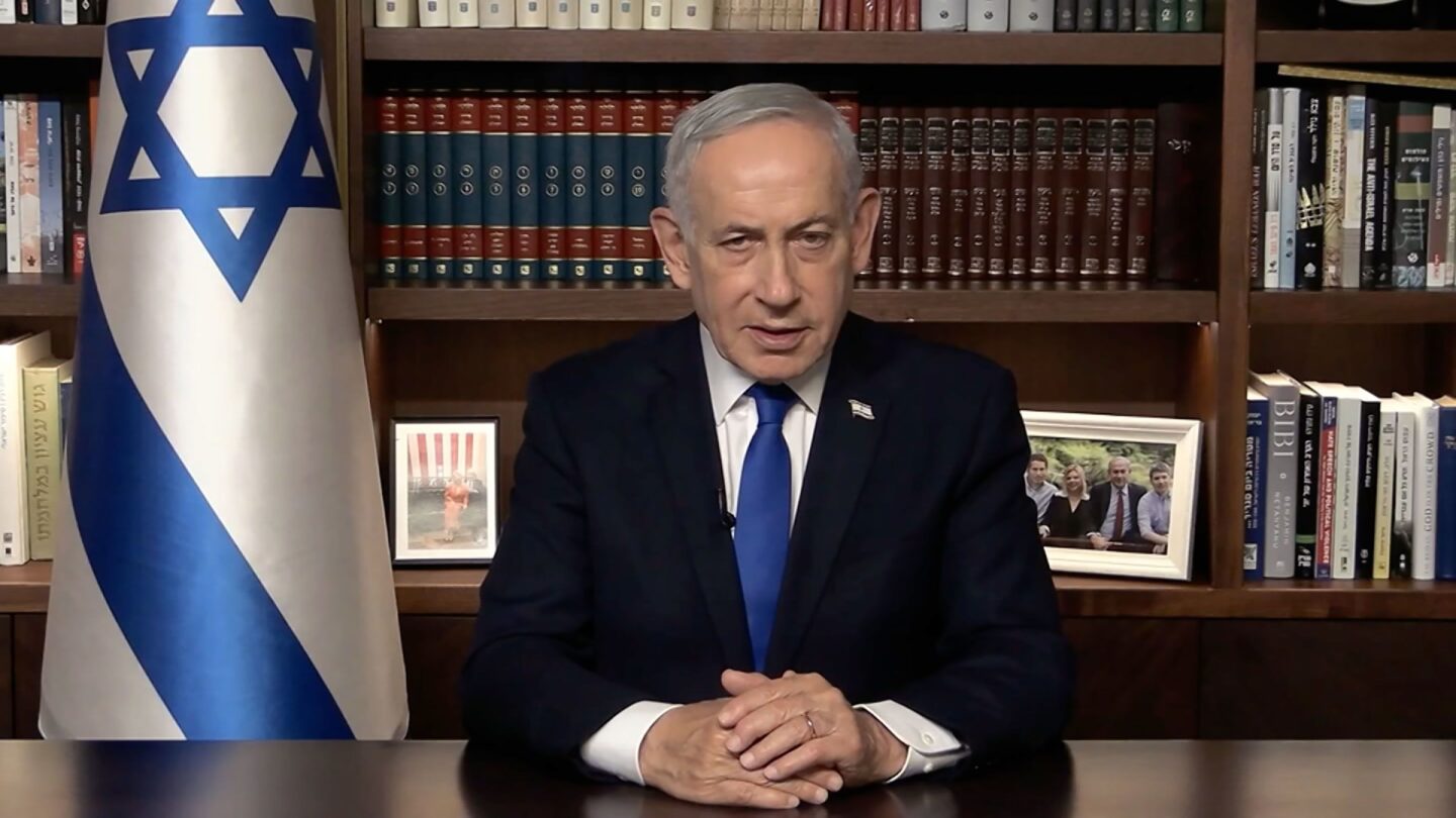 <i>GPO via CNN Newsource</i><br/>Israeli Prime Minister Benjamin Netanyahu speaks during a video statement on Thursday
