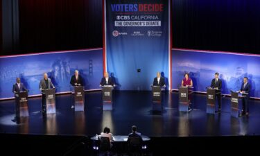 Former US Secretary of Health and Human Services Xavier Becerra participates in a California gubernatorial debate at Bridges Auditorium on the campus of Pomona College in Claremont