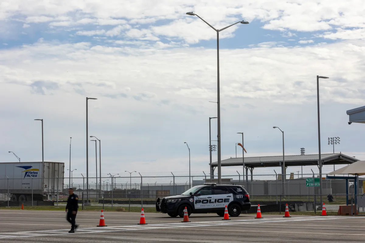 A Laredo Police Department officer at the World Trade Bridge in Laredo on Feb. 17, 2023.
